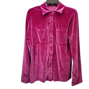 Women's Velvet Button-Down Shirt Blouse Fuchsia Pink Long Sleeve Size Large
